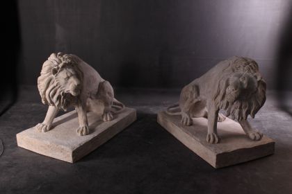 Symmetrical Pair of 39 Inch Entry Lions in Rough Stone