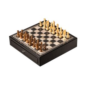 Carbon Fiber &amp; Mother of Pearl Design Chess Set with Accessory Drawers&#44; Beige &amp; Brown