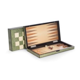 15.5 in. Lacquer Finished Green Inlaid Wood Backgammon &amp; Chess Set